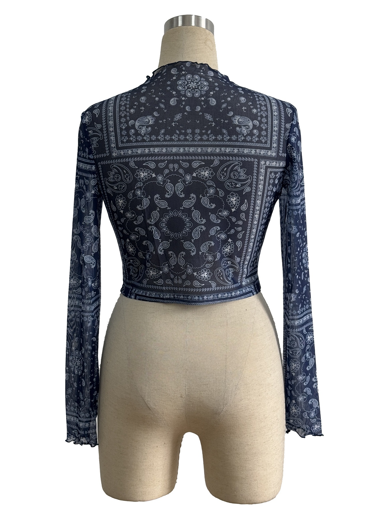 Womens Sheer Mesh T-shirt Long Sleeve Paisley Print Slim Short Tops